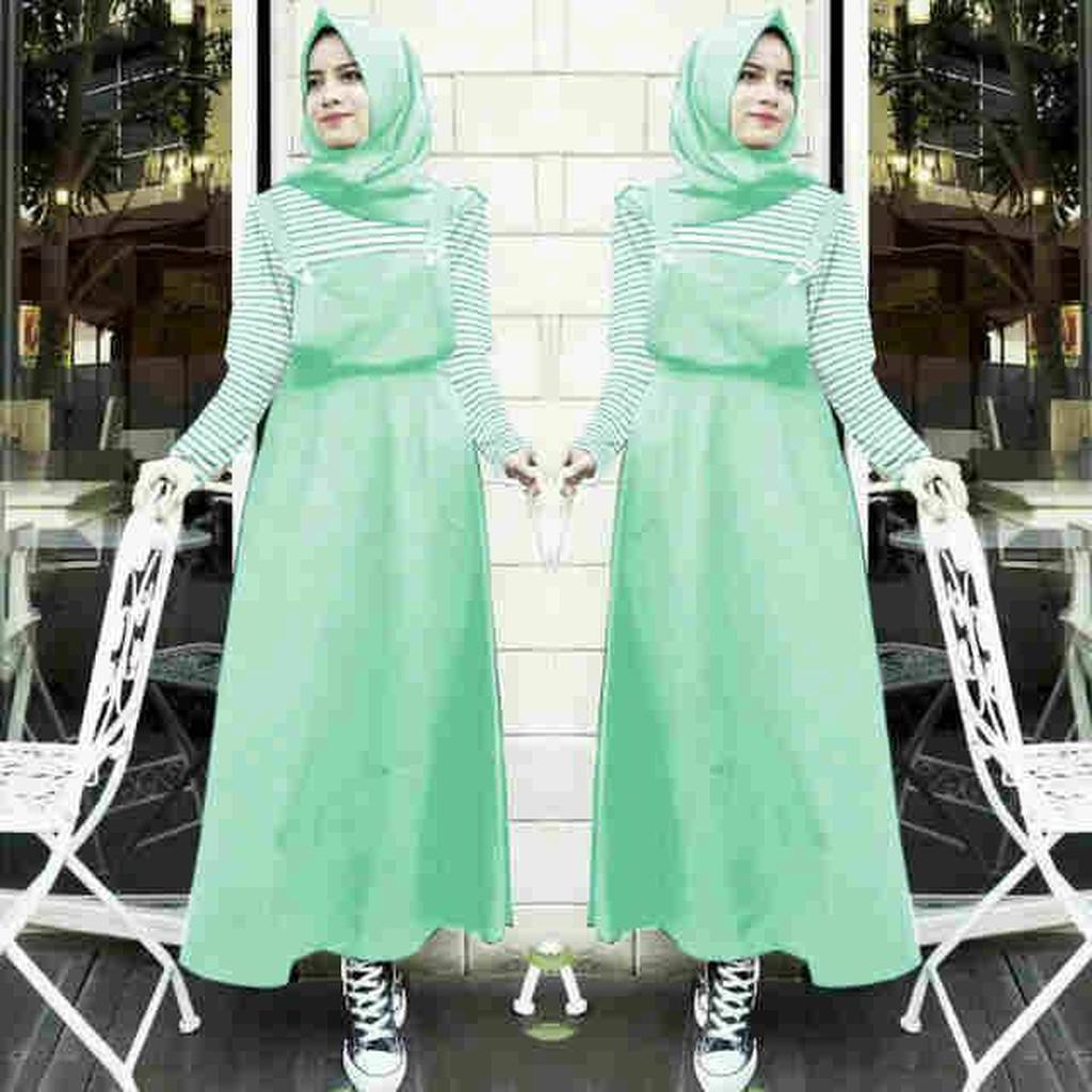 DISKON 3in1 overall rok kodok mint hijau + blus salur + pashmina Kimiko