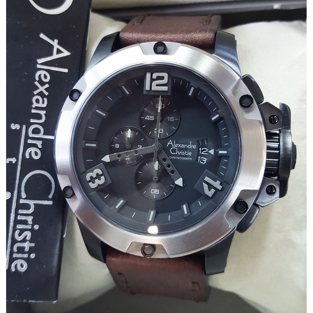 Alexandre Christie AC6295M Jam Tangan Pria Strap Leather coklat tua silver