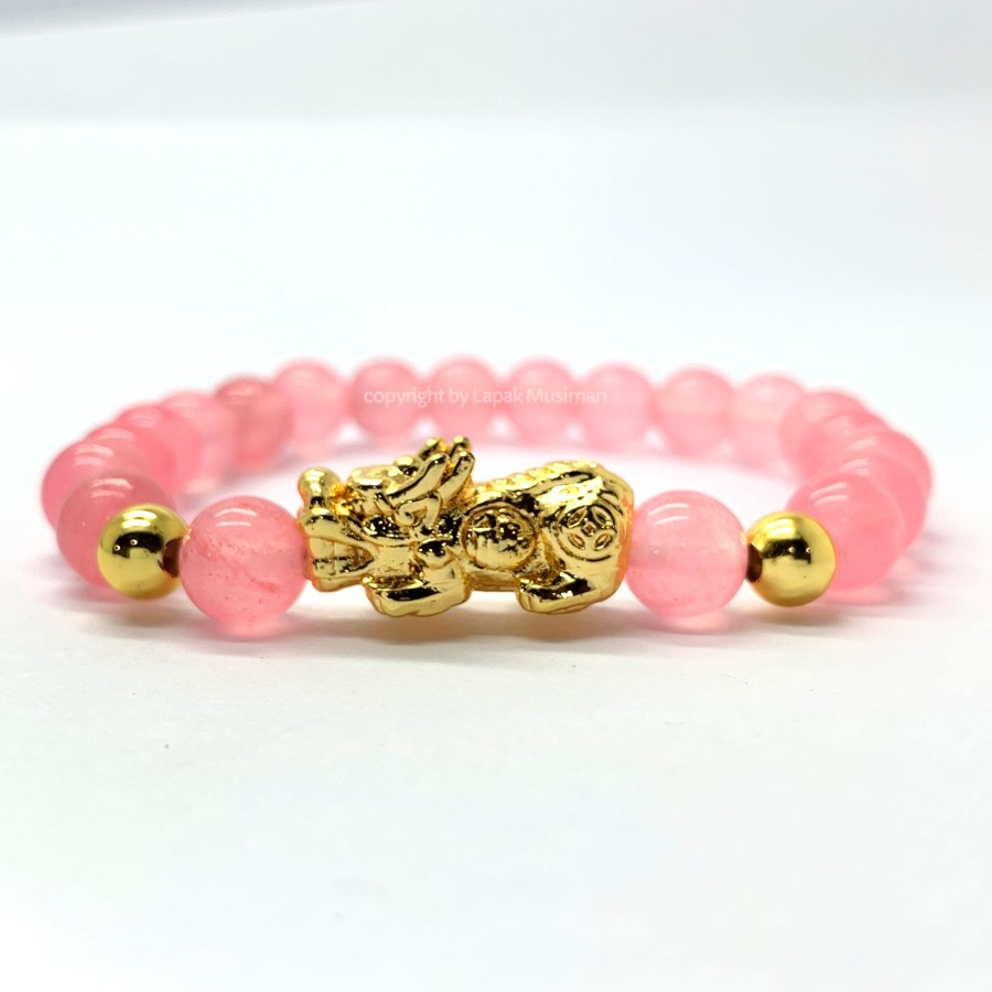 [Bayar di Tempat] Gelang Batu Rose Quartz Asli Natural Kombinasi Pixiu