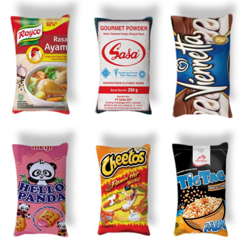 Bantal karakter motif Snack / Bantal Jajanan / Bantal Royco / Bantal Sasa / Bantal Hello Panda / Ban