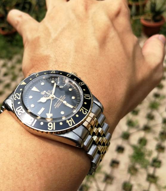 Original 60s Vintage Rolex GMT Master 1675 black Nipple gilt Dial 2T two tone 18k gold and stainless