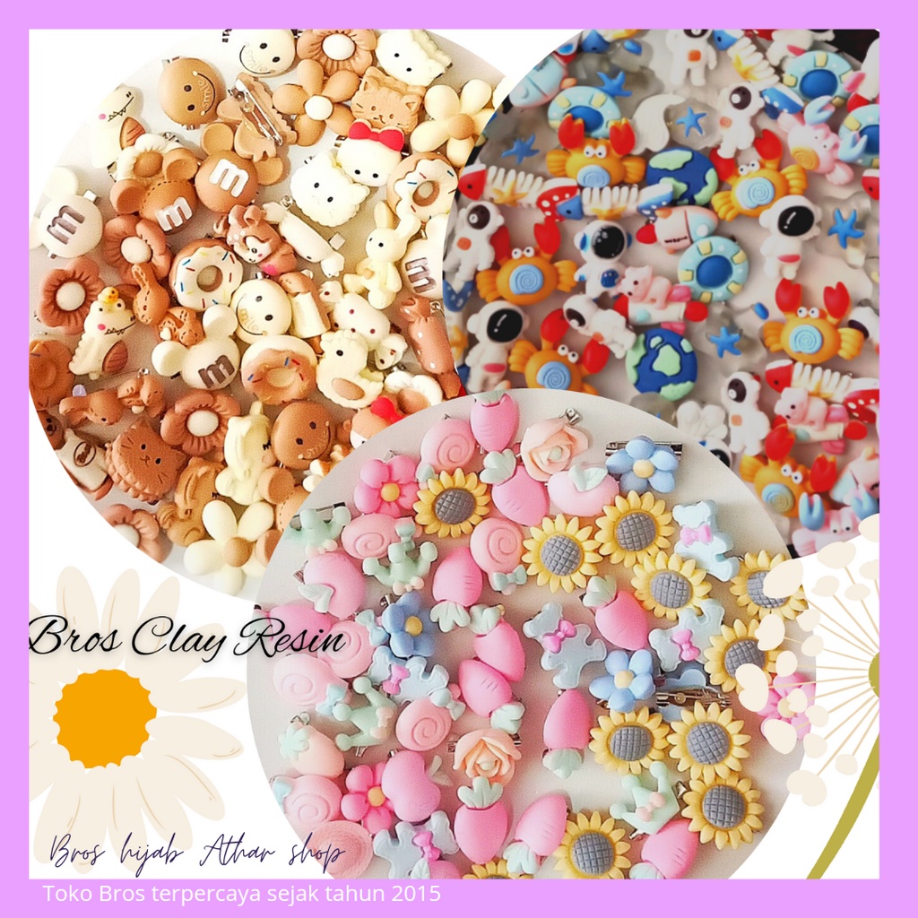 ATHAR SHOP - 12PCS Pin Dagu Bros Clay Resin Mini Peniti Kecil Imut Karakter Anak Lucu Warna Warni Untuk Hijab Bross Jilbab Astronot Beruang Bunga Harga Murah Grosir COD