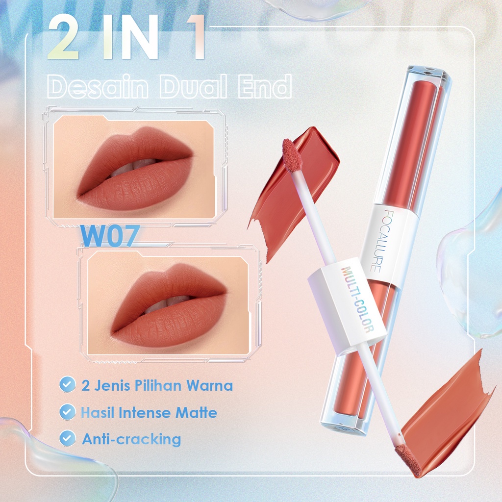 FOCALLURE 2 In 1 Matte Lipstick Lip Gloss Dual Stick Tahan Lama Hingga Liquid Lipstick 6 Jam