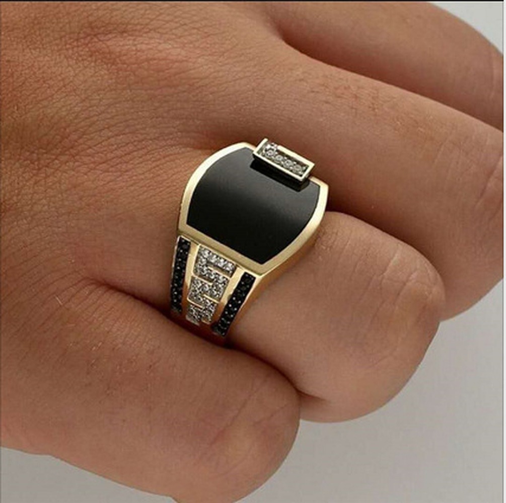 Baja Titanium Perak Emas 18K Cincin Berlian Enamel Hitam Aksesoris Perhiasan Fashion Pria Punk Silver Gold Rings