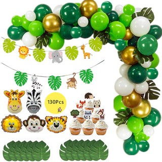 130pcs Balon Foil Emas Putih Garland Daun Hijau Tema  