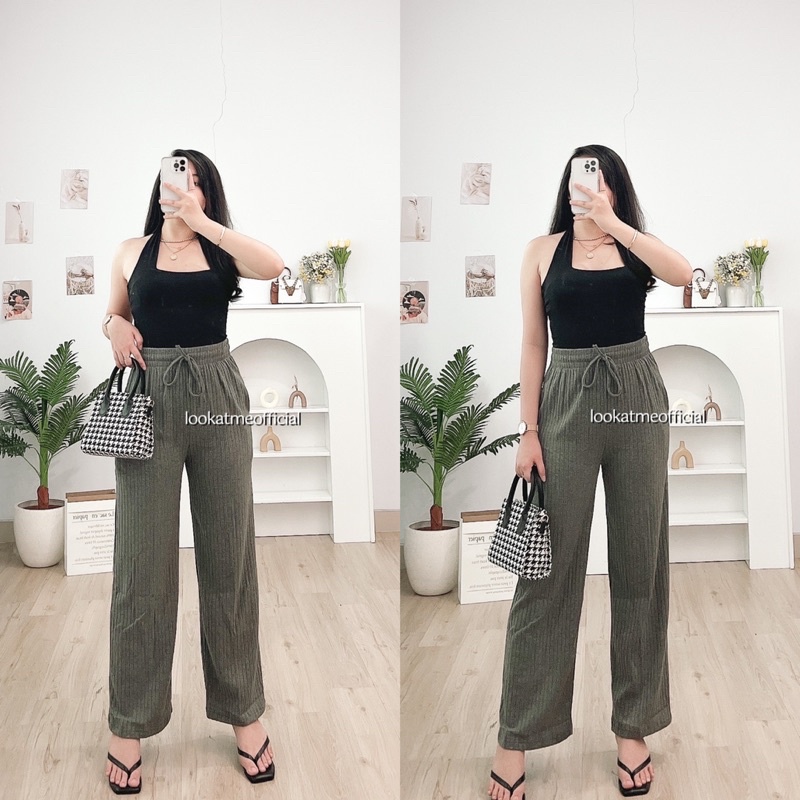 lookatmeofficial • Celana Kulot Highwaist Posh Knit Loose Pants Cullote Dengan Tali Serut