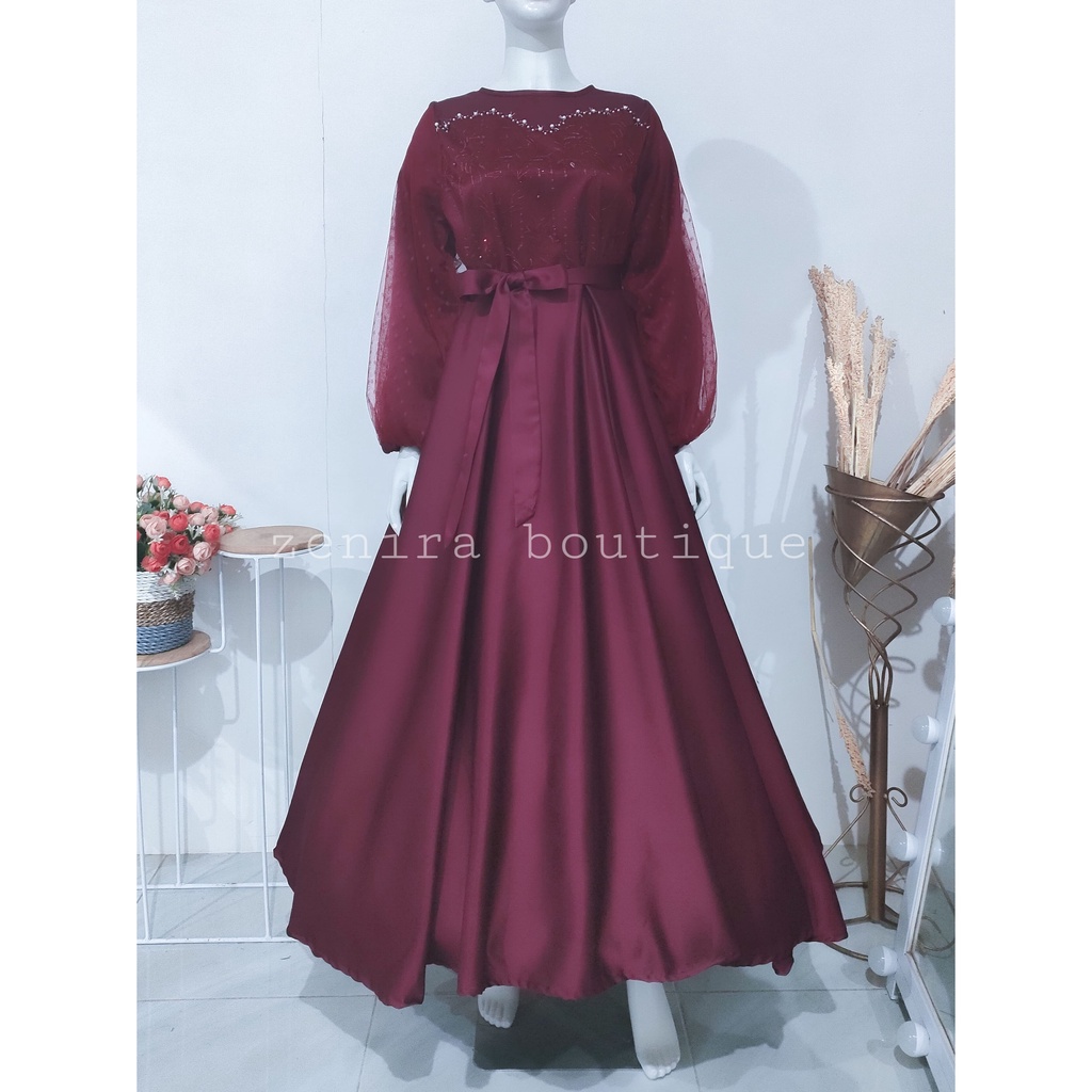 AMBERLY GAUN brokat tulle bordir payet / baju pesta remaja lengan balon / prewedding / wisuda / gamis kondangan / couple / tersedia ukuran kecil hingga jumbo