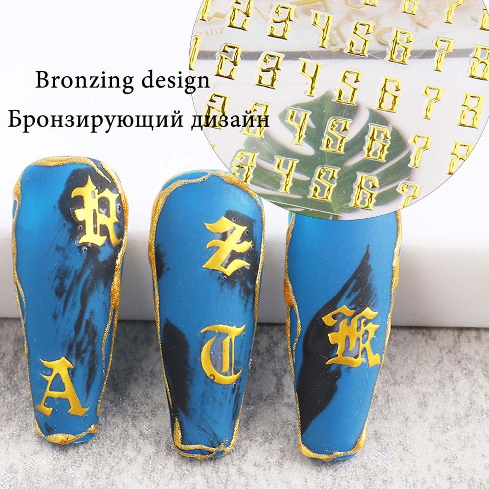 Mxbeauty Nail Art Stiker Emas 3D Bronzing Number Huruf Inggris Nail decal