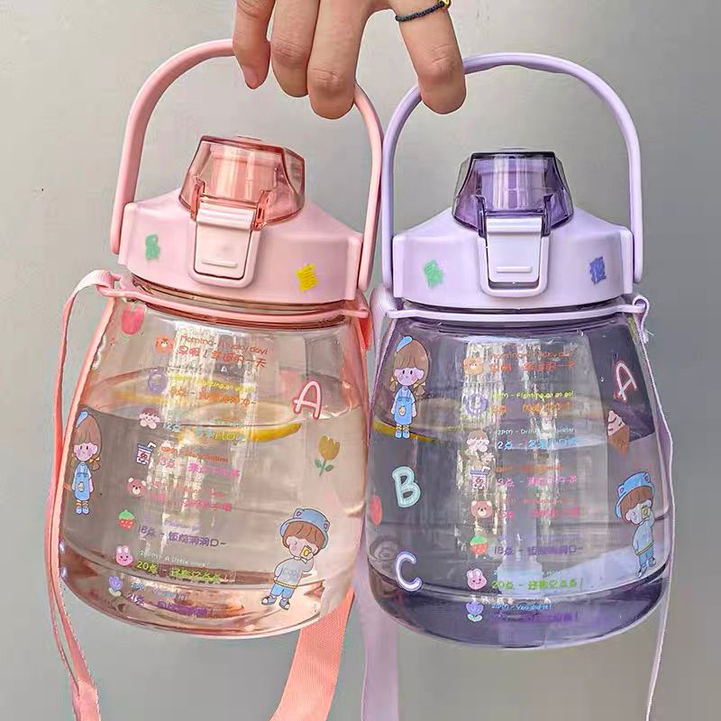 Botol Jumbo Gratis Stiker 2d Dan 3d Botol Viral Korea Gemoy 1300ml/1.3l Anak Sekolah Olahraga Dan Hangout Tempat Minum Gendut Penanda Waktu Big Belly Bening Transparan