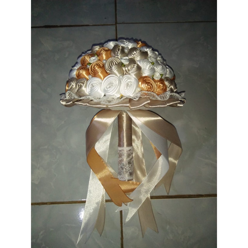 Buket Bunga pita Satin Pengantin Custome Warna putih gold abu