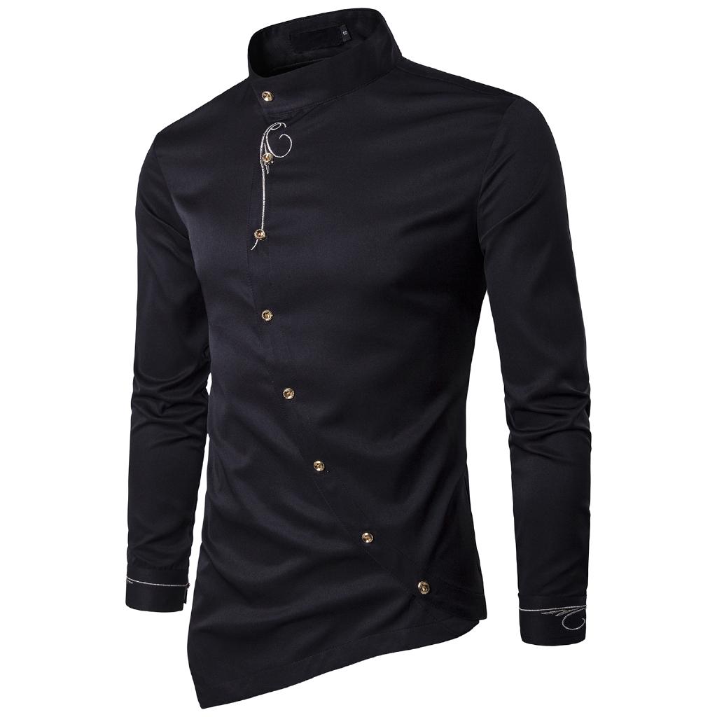 Kemeja Casual Pria Slim Fit Lengan Panjang Kerah Tegak  Hem 