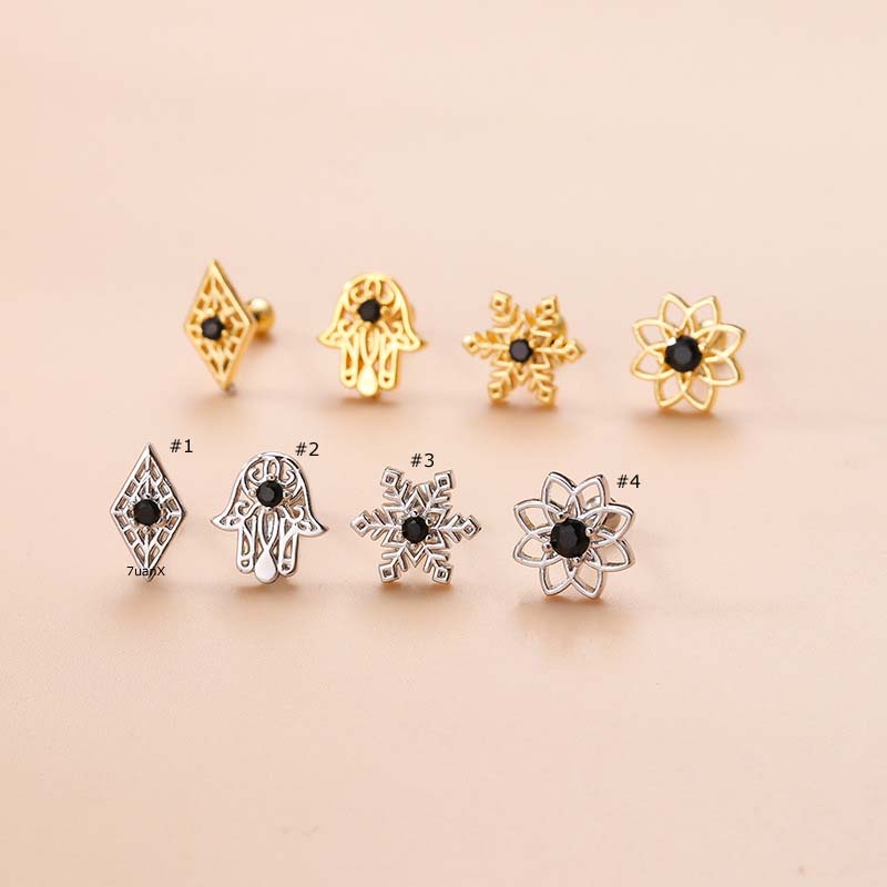 1pc Anting Stud Tindik Tulang Rawan Bentuk Bunga Palem Snowflake Hollow Out Bahan Stainless Steel Ukuran 6mm