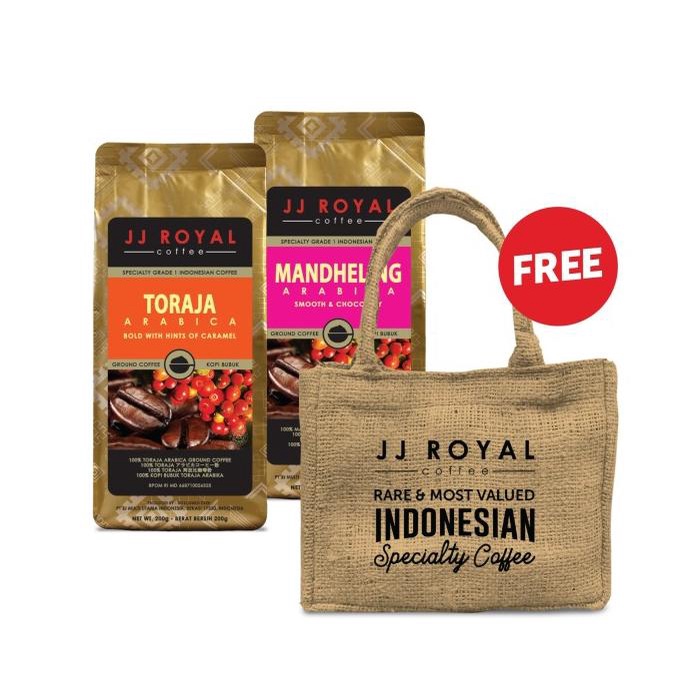 

Bundling JJ Royal Coffee Toraja & Mandheling Bag 200gr FREE Tas Goni