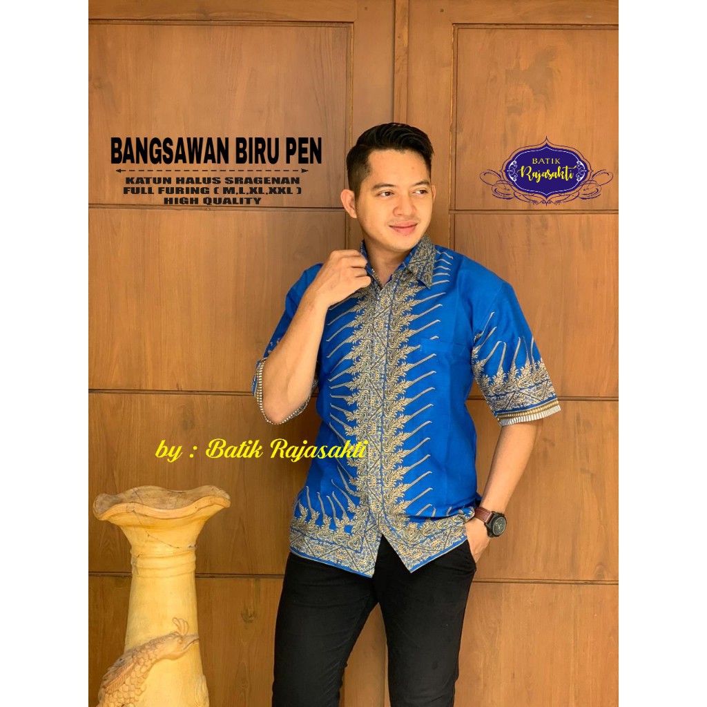 BANGSAWAN BIRU RAJASAKTI KEMEJA BATIK SOLO PRIA LENGAN PENDEK LAPIS FURING ATASAN BATIK PREMIUM MODERN KATUN HALUS BAHUWIRYA  BANAMITRA BANAMITRA PUTIH BANGSAWAN BAYU PUTRA BERLIAN BIRU BHARATAYUDA BIMASENA BIRENDRA BIRU INDAH BRAHMAKERTA BRAHMAKERTA MERA
