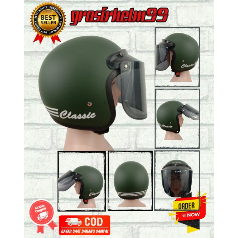 helm bogo garis classic  helm bogo kekinian  helm retro classic FREE MASKER  hijau army dop