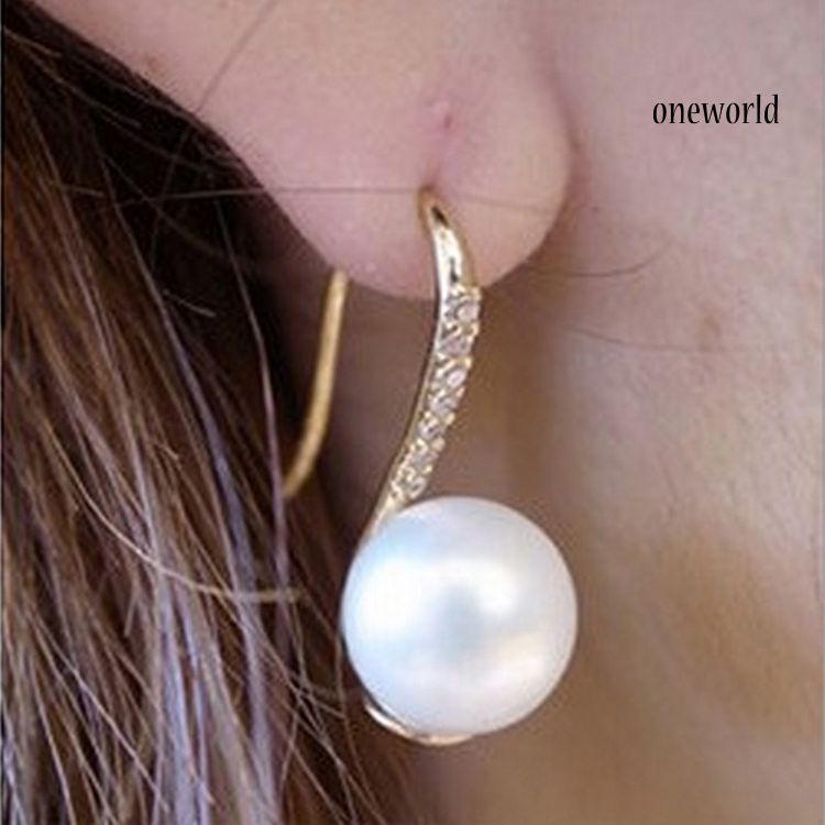 OW@ Fashion Faux Pearl Drop Rhinestone Inlaid Hook Earings Women Piercing Jewelry