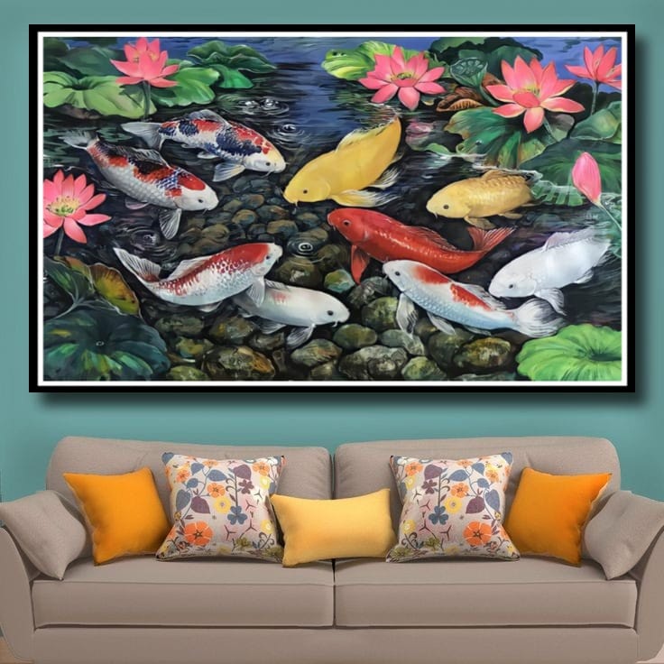 Lukisan Poster Ikan Koi hoki Fengshui 9 Jumbo 3 dimensi Xtra Besar Ukuran 70x50 cm 100x70cm 150x100c