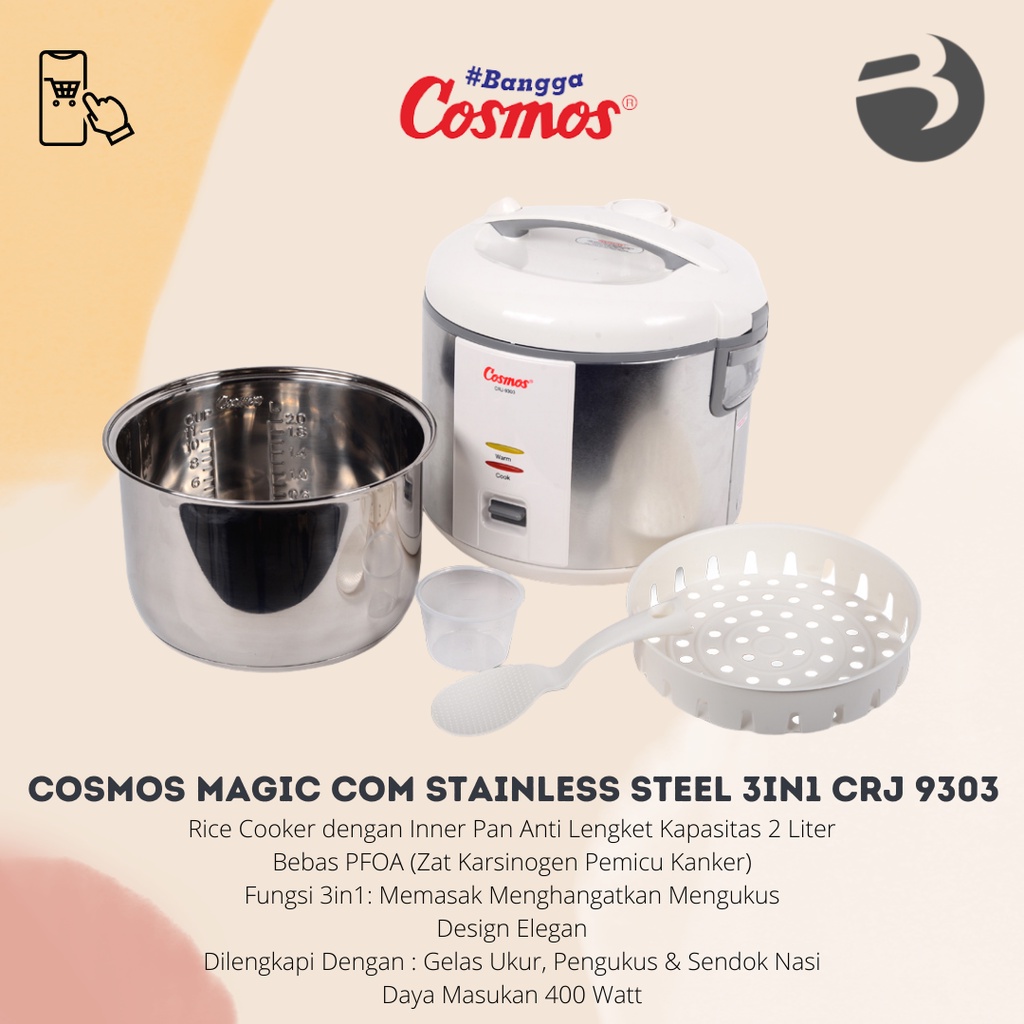 Cosmos Magic Com / rice cooker Stainless Steel 3in1 CRJ 9303 2Liter - GARANSI RESMI