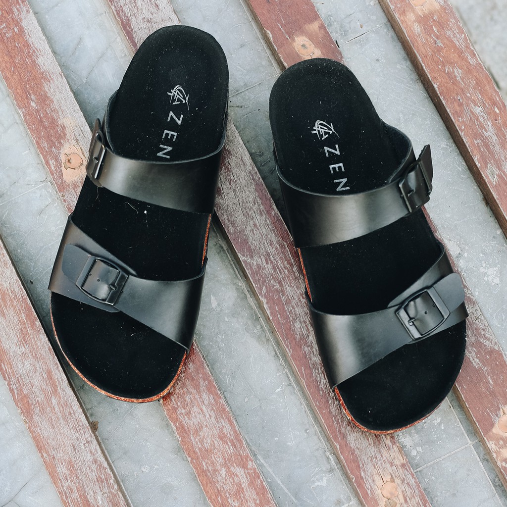 XANDER FULL BLACK |FORIND x Zensa| Sendal Jepit Tali Kulit Simpel Kayu Pria/Cowo/Men Sandal Footwear