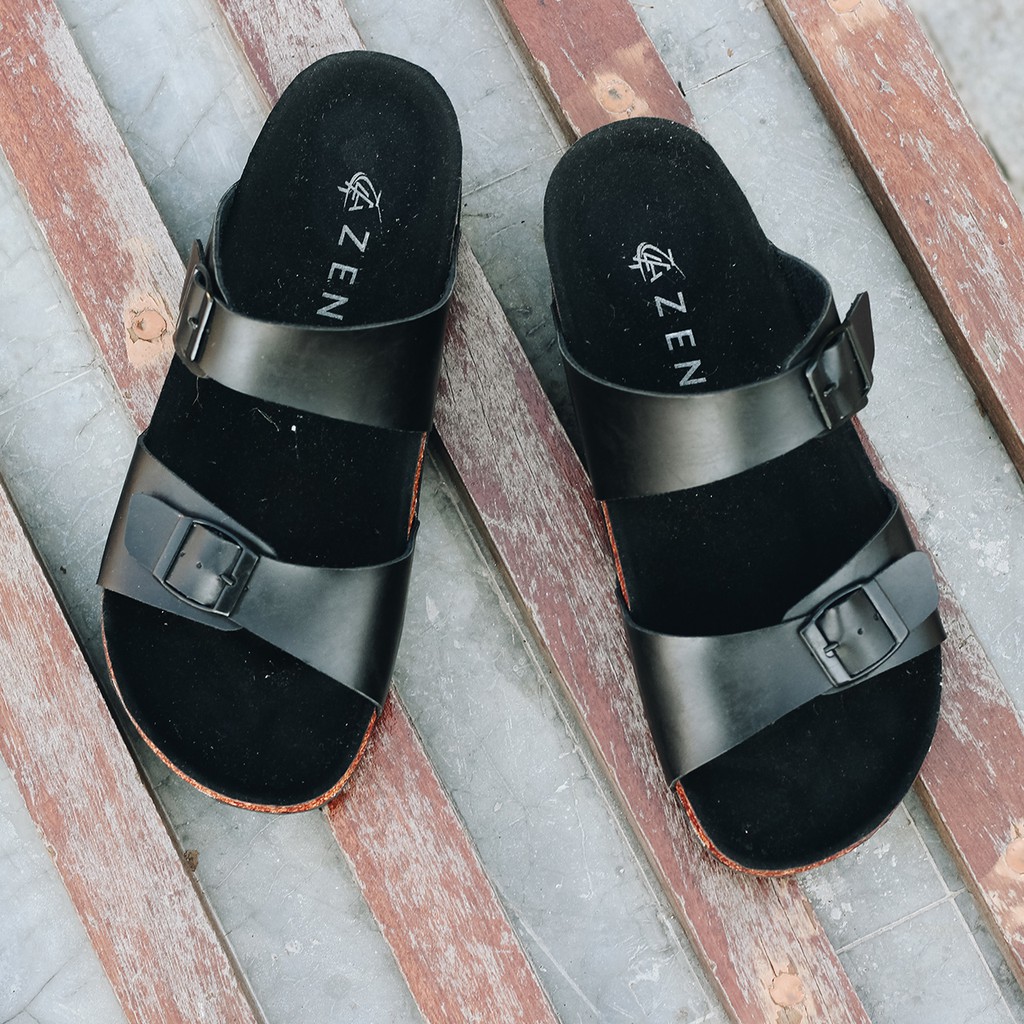 XANDER FULL BLACK |FORIND x Zensa| Sendal Jepit Tali Kulit Simpel Kayu Pria/Cowo/Men Sandal Footwear