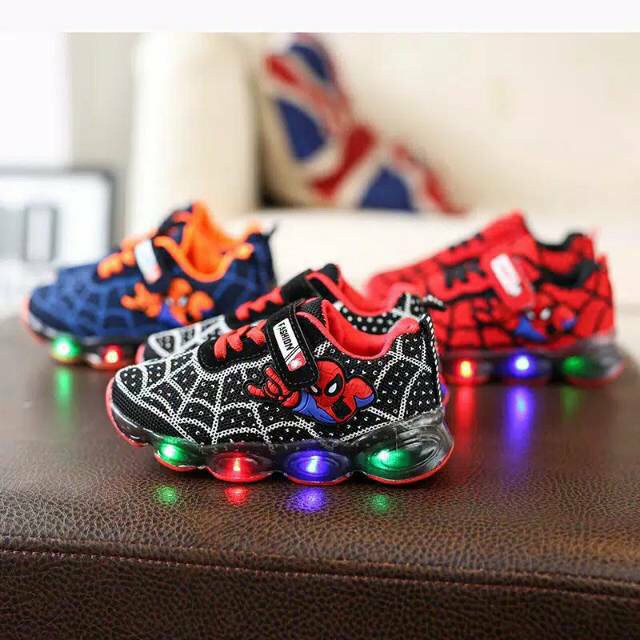 Qeede_Store SEPATU ANAK LAKI-LAKI SNEAKER SPIDER LABA-LABA LAMPU LED SIZE 21-36 USIA 1-9 TAHUN