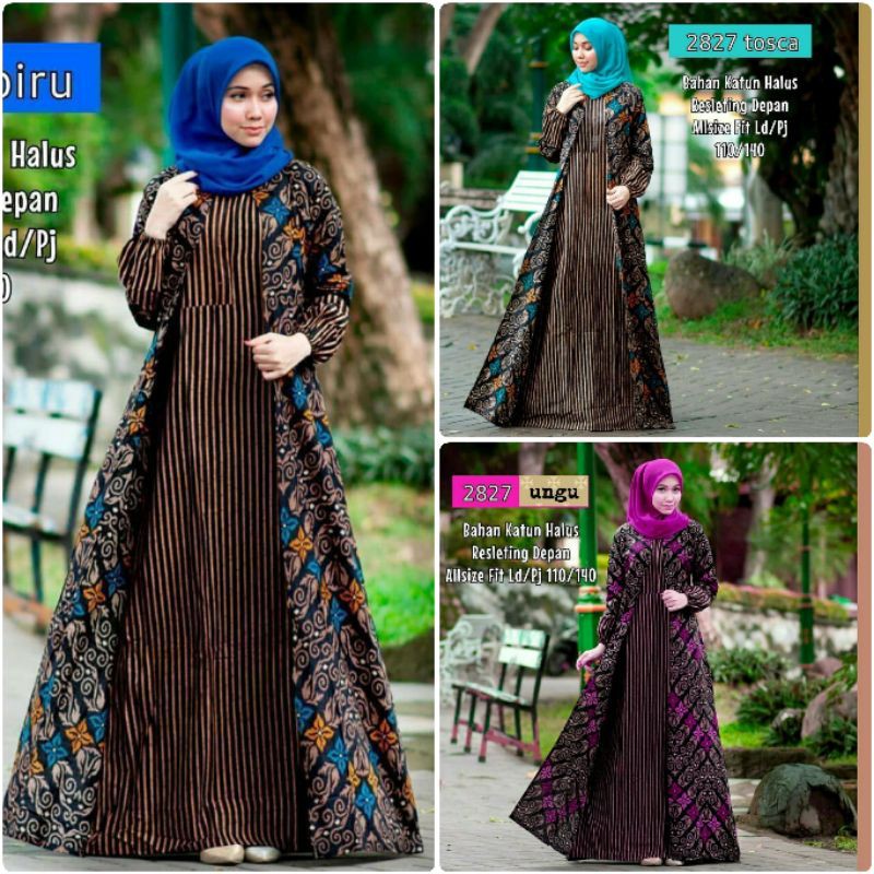 Gamis cardi 2827 lurik ungkel tosca biru.allsize LD 110 jumbo LD 120.PB140.busui resleting depan