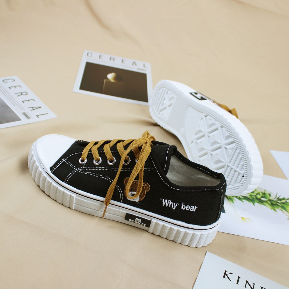 Sepatu Sneakers Korean Style Boyscode Why Bear Pendek Hitam Coklat / Sepatu Korea Kanvas Beruang Black