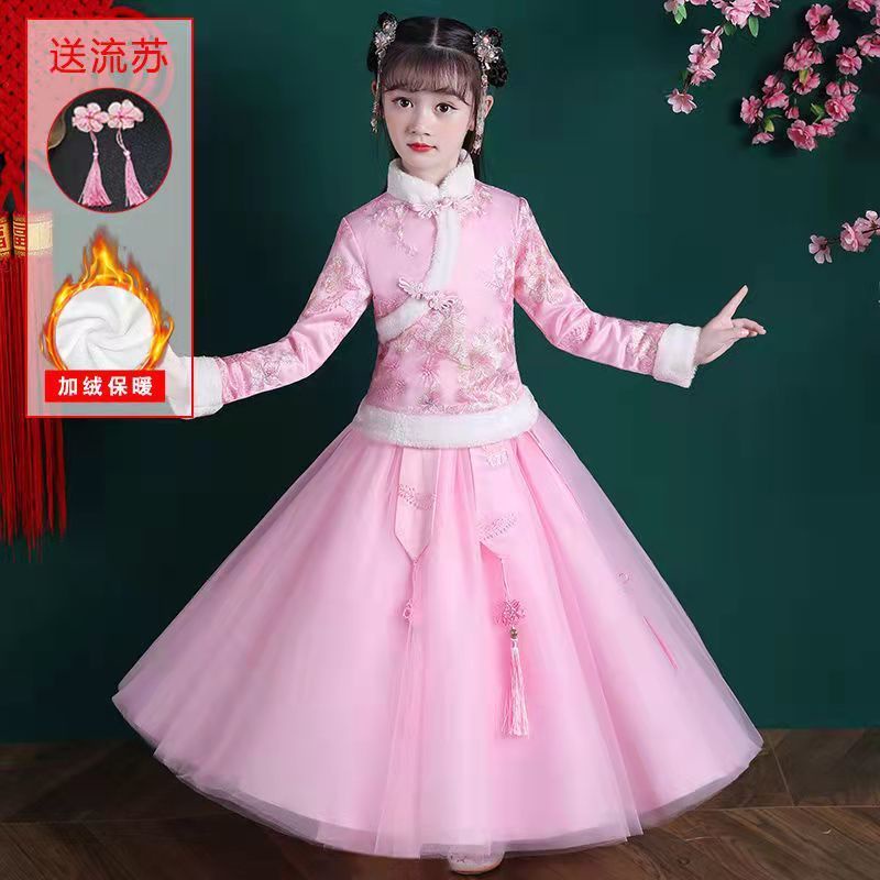 2021 new girls' cheongsam skirt autumn and winter Tang new year's clothes Plush thickened Chinese st