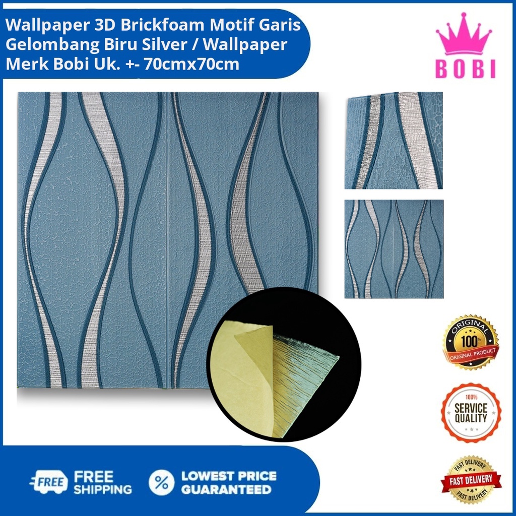 Wallpaper 3D Brickfoam Garis Gelombang Biru Silver Kode 2024 / Ukuran 70x70cm / Bervariasi Warna