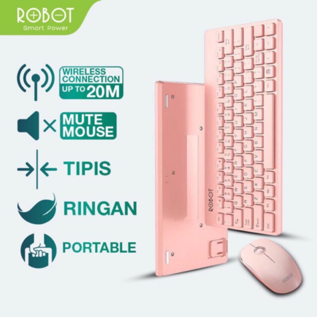 Keyboard Wireless Robot KM3000 Led Hitam Combo Mouse Usb Mini Series for Pc Laptop Original Black