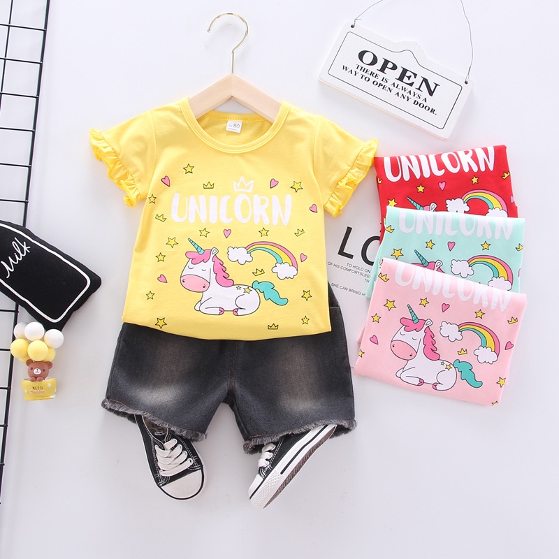 NEW Setelan baju lengan pendek dan celana pendek anak motif unicorn