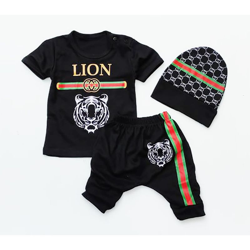 Setelan Baju Bayi Pakaian Anak Laki-Laki Gucci Lion Free Topi