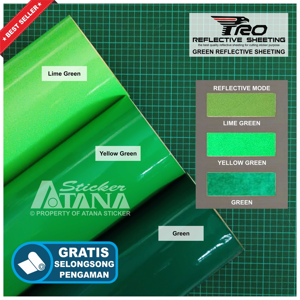 Bahan Stiker Cutting Hijau Skotlet Reflektif Fosfor Green Pro Reflective Sheeting Prolite Nyala Printing Sticker Material Scotchlite Scolite Scotlet Sechotlite Memantulkan Cahaya Flash Malam Hari Mata Kucing Mesin Plotter