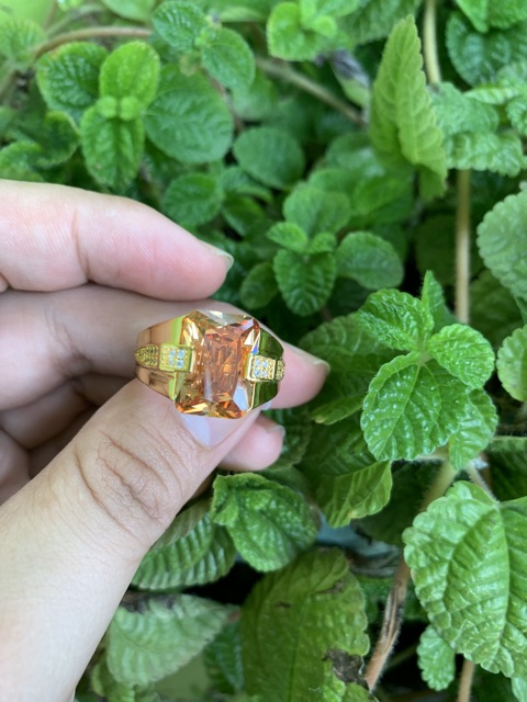 Cincin Pria Mewah Batu Kecubung Teh Smoky Quartz Champagne Kantoran Ring Gold Filled