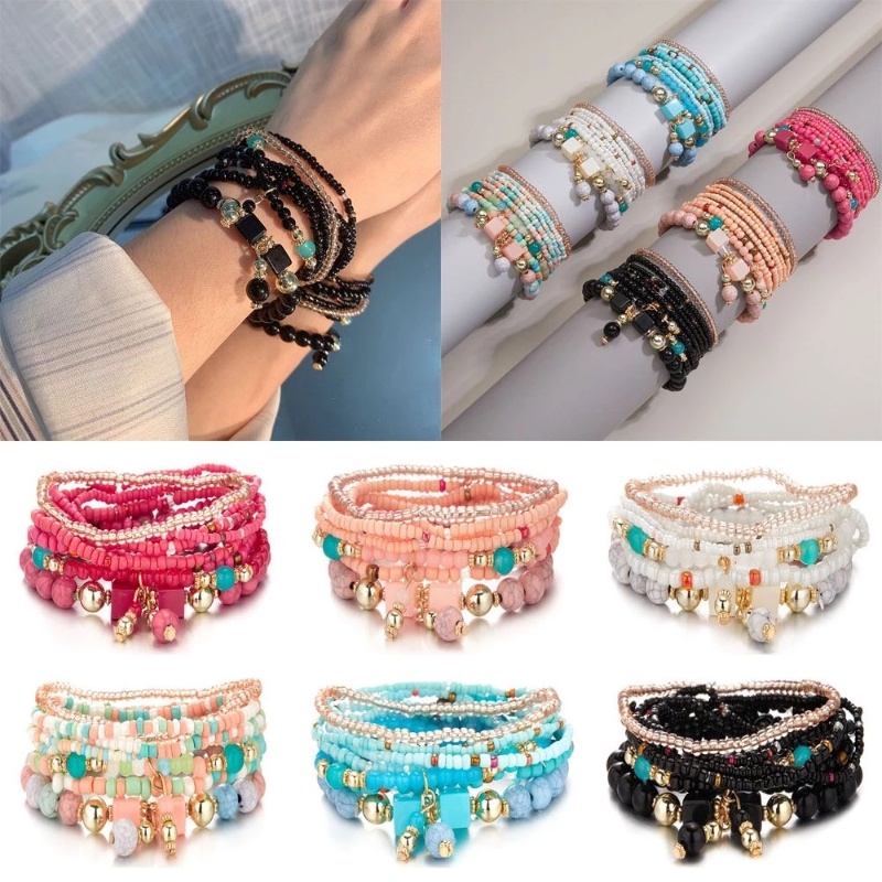 8 Pcs Gelang Manik-Manik Kristal Batu Alam Multilayer Gaya Vintage Bohemian Adjustable