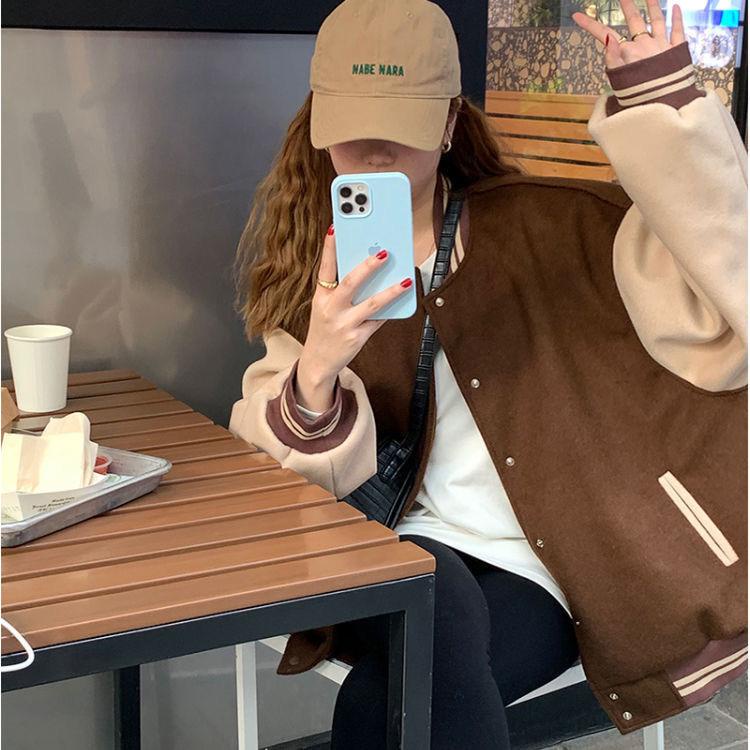 [littlecrab] Jaket Oversize Coklat Moka Polos List Stripe Jacket Couple Unisex Jaket Baseball Varsity Simple Elegan Two Tone Import Kancing Jepret Berkualitas Korean Style