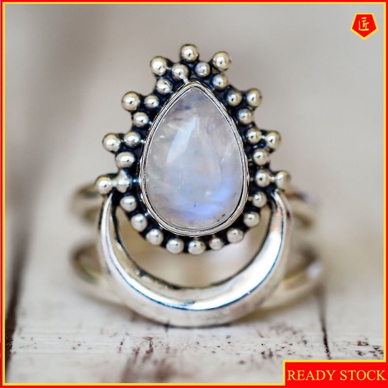 [Ready Stock]Moonstone Silver Ring Retro Punk