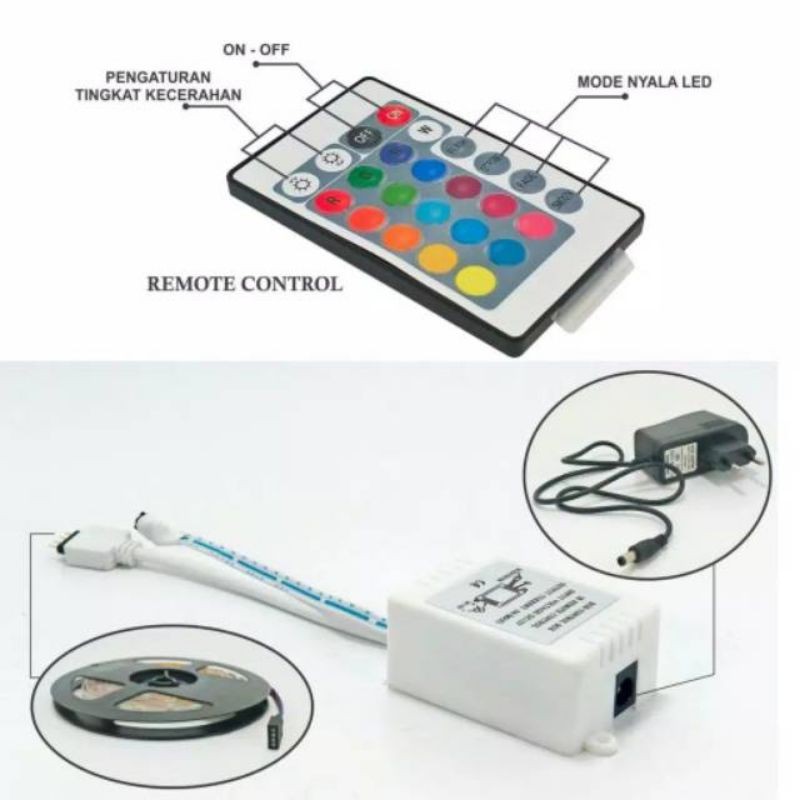 LAMPU LED  STRIP 3528 RGB WARNA WARNI IP44 5M AC 220V + ADAPTOR + REMOTE 3528