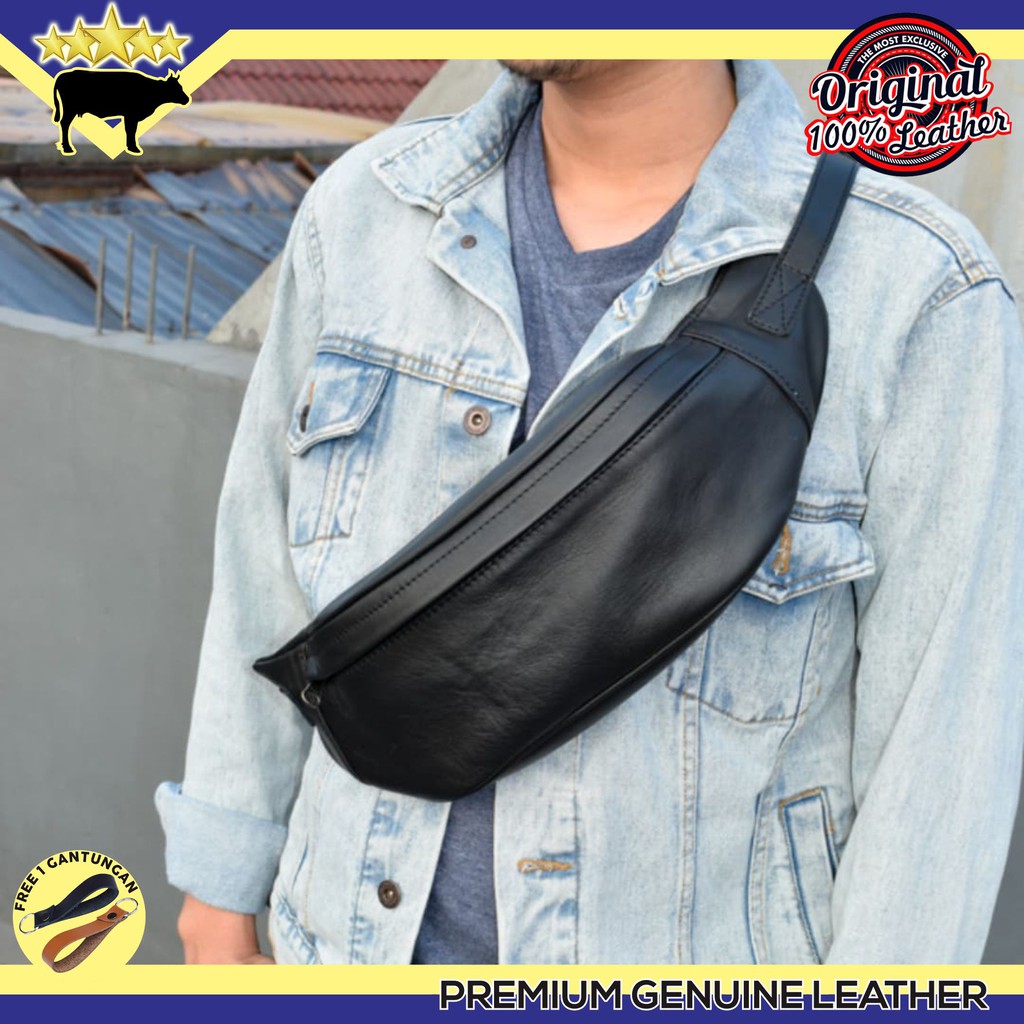 Tas pria kulit asli sling bag selempang warna hitam