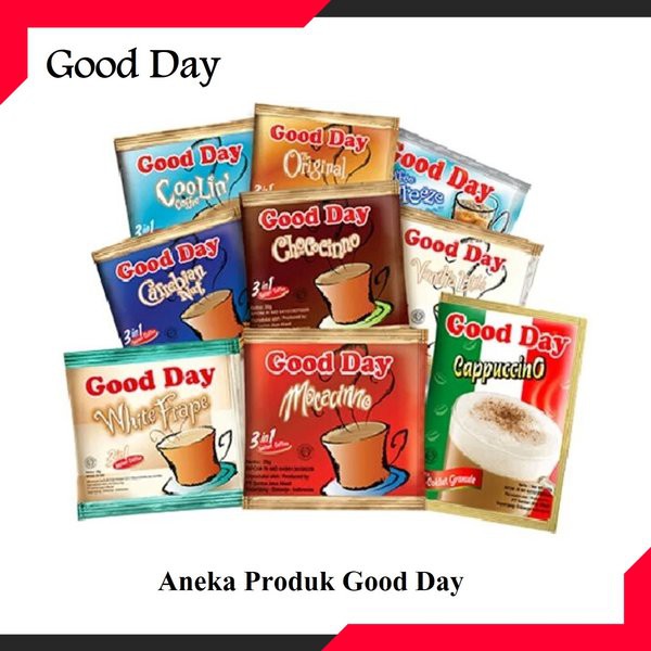 

Kopi good day mocacinno, capucino, chococinno, coolin, carrebian 1 renceng isi 10 sachet