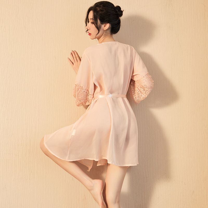 Lingerie Kimono Chiffon Halus Transparan Kombinasi Brookat Free Belt Premium Import M L XL