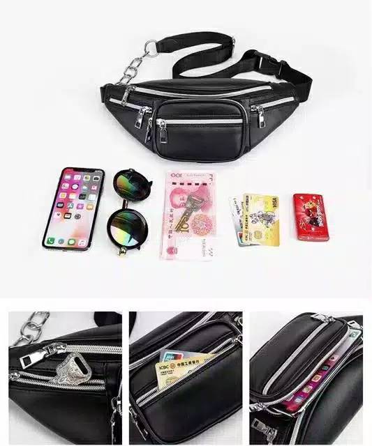 Waistbag Sakura Kulit sintetis Combi Rantai Tali bisa Disesuaikan tas pinggang wanita dan pria