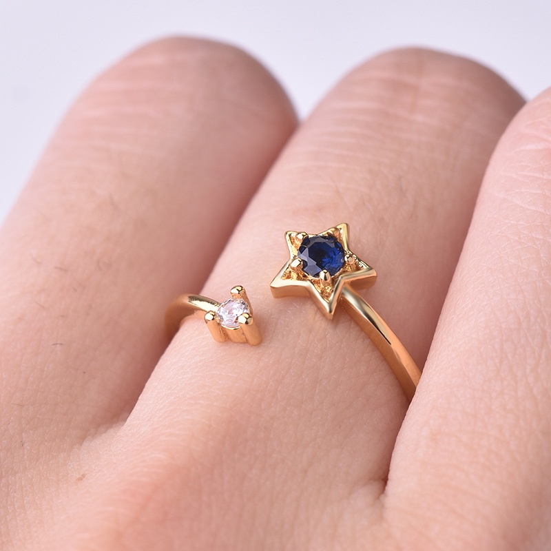 Cincin Emas Emas Asli Kadar 375Bentuk Pentagram Adjustable Aksen Berlian Biru