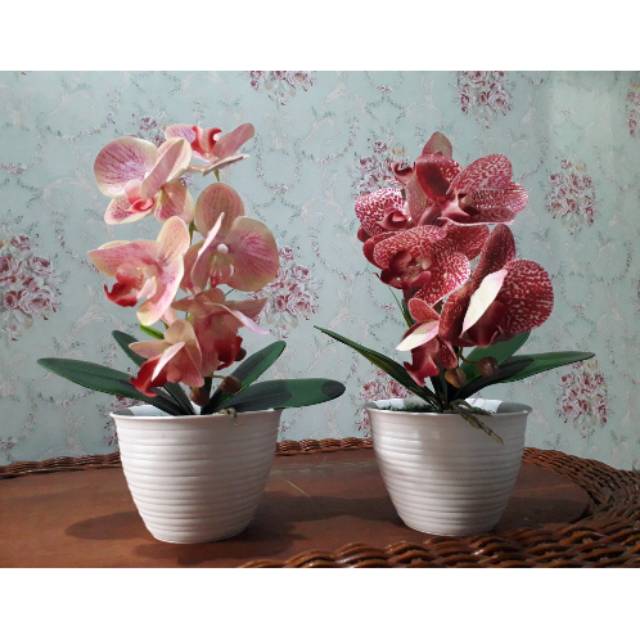 Anggrek Latex Bunga + Pot / Bunga Hias Meja / Bunga Artificial / Home Decor / Bunga Plastik / Shabby