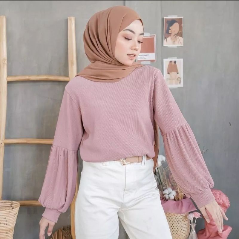 Atasan Wanita Lengan Balon/Baju Wanita Lengan Balon/Pakaian Wanita Lengan Balon/Kaos Wanita Rib Raju