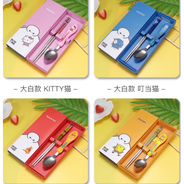 Set SENDOK SUMPIT BOX Karakter Winnie the Pooh Doraemon Hello Kitty Spongebob / Set Makan Anak Lucu