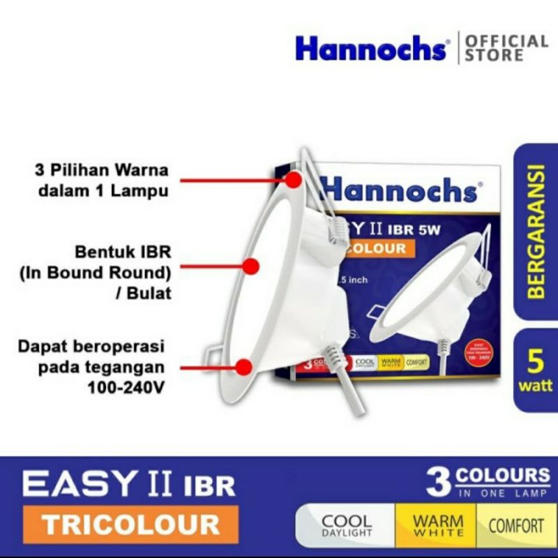 Hannochs downlight 3 warna tricolour 5W. Downlight led easy II 5watt IBR tricolor