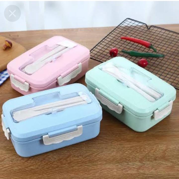 Kotak Makan Jerami Bekal Gandum Handle Lunch Box 4 in 1 sekat sendok sumpit set dapur microwave oven