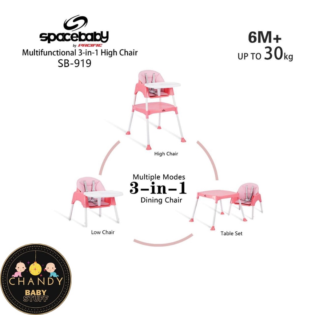 MEJA KURSI MAKAN ANAK MULTIFUNCTIONAL 3IN1 HIGH CHAIR, BOOSTER SEAT &amp; TABLE SPACE BABY SB 919