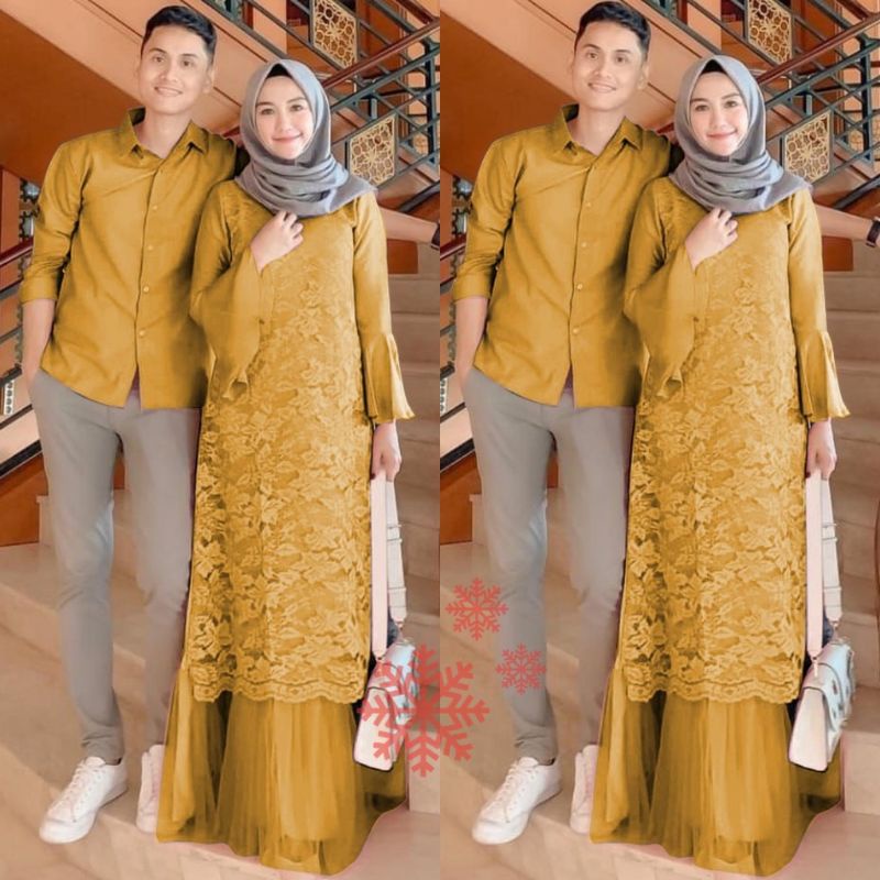 Baju Gamis Dress Brukat Brokat Pesta Kondangan Muslim PELNO Couple S M L XL XXL JUMBO Warna KUNING K